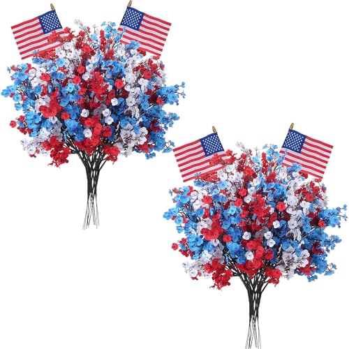 28PCS Red White and Blue Flowers Artificial Patriotic Decor | Baby's Breath Artificial Flowers with Mini Flags, Perfect for Independence Day Decorations, Memorial Day, Table Centerpieces - color: Red White and Blue
