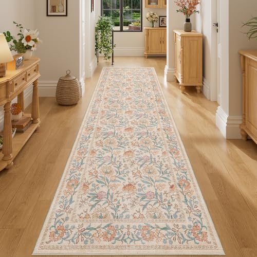 DUKINO 2.6x8 Runner Rug, Washable Vintage Floral Kitchen Runners Rug, Beige | Non Slip, Low Pile, Non-Shedding Soft Carpet for Hallway Bathroom Laundry Entryway Bedroom Farmhouse, Kids and Pets Friendly - color: Beige Peach, size: 2'6" x 8' (Rectangular)