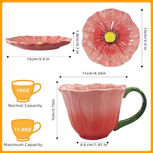 10 oz Tea Cups and Saucers, Ceramic Flower-shaped Cappuccino Cup, Latte Cup and Saucer set, elegant floral Espresso Cup set, Suitable for microwave and dishwasher-Red - color: Red