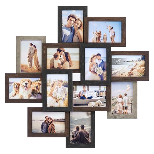 SONGMICS 4x6 Picture Frames Collage Wall Decor, 12-Pack | Photo Collage Frame, Multi Picture Frame Set with Glass Front, Hanging Display, Brown, Greige, Black URPF022M01 - color: Maroon Brown + Heather Greige + Ash Black, size: 12 Pack