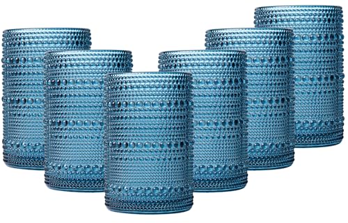 JOVGANK Blue Vintage Hobnail Drinking Glasses Set of 6, Water Tumbler 15oz, Kitchen & Bar Beaded Highball Glasses, Beverage Glass Cups for Water, Beer, Juice, Gift for Housewarming and Mother's Day - color: Blue, size: 15 oz