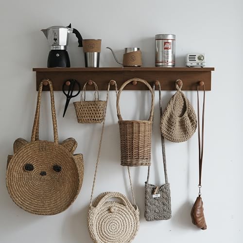 Wall Mounted Coat Rack with Shelf, Wooden Entryway Hooks, Teak Finish | Adjustable rail with movable wood hooks - color: Teak colored veneer