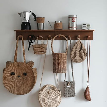 Wall Mounted Coat Rack with Shelf, Wooden Entryway Hooks, Teak Finish | Adjustable rail with movable wood hooks - color: Teak colored veneer