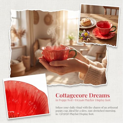 10 oz Tea Cups and Saucers, Hand-Painted Ceramic Flower-Shaped Coffee Cup | Saucer Set, Microwave & Dishwasher Safe, Elegant Floral Cup Set Gift for Women - color: Red