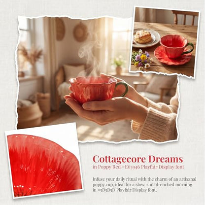 10 oz Tea Cups and Saucers, Hand-Painted Ceramic Flower-Shaped Coffee Cup | Saucer Set, Microwave & Dishwasher Safe, Elegant Floral Cup Set Gift for Women - color: Red