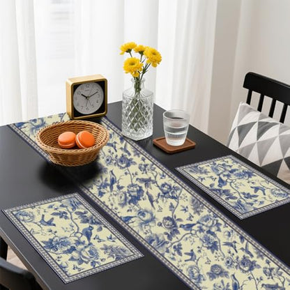WADORN Navy Blue Bird Flower Table Runner and Placemats Set of 6, Rustic Chinoiserie Sketch Floral Washable Kitchen Dinning Table Decoration Seasonal Spring Summer Dining Settings for Home Kitchen - size: Navy Blue Bird Flower
