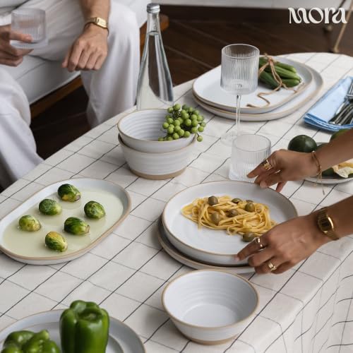 Mora Medium Dishes Set of 4, 35oz Ceramic Pottery Pasta Plate/Wide Bowls - Microwave, Oven and Dishwasher Safe - Cloud - color: Cloud