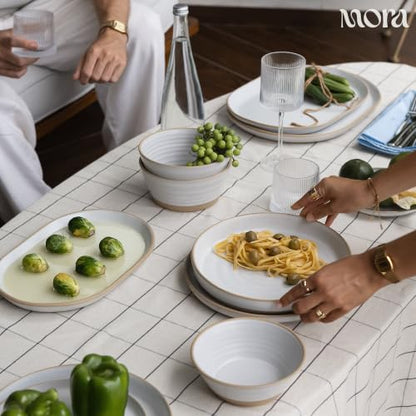 Mora Medium Dishes Set of 4, 35oz Ceramic Pottery Pasta Plate/Wide Bowls - Microwave, Oven and Dishwasher Safe - Cloud - color: Cloud