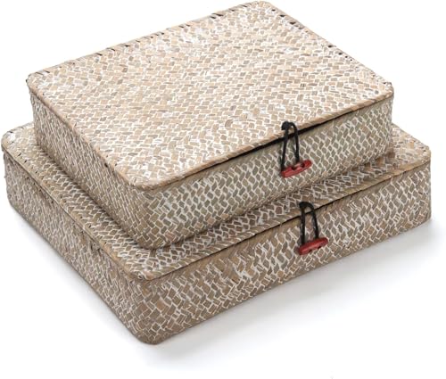 Seagrass Storage Baskets with Lids, Flat Wicker Basket, Shallow Woven Basket for Shelf, Decorative Storage Boxes for Organizing (Whitewash) - color: Whitewash