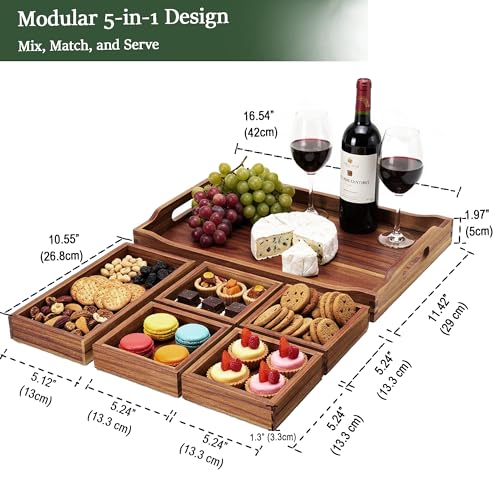Serving Tray with 5 Removable Snack Boxes,Acacia Wood Snack Tray for Parties and Entertaining, Movie Night, Coffee Table and Charcuterie Serving - color: Acacia Wood-2