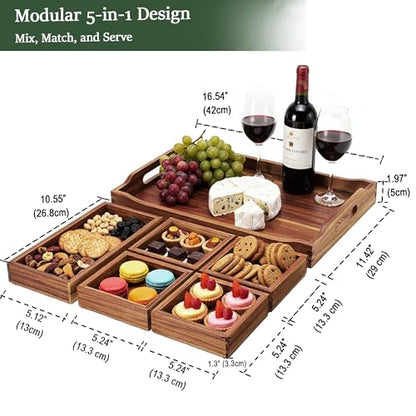 Serving Tray with 5 Removable Snack Boxes,Acacia Wood Snack Tray for Parties and Entertaining, Movie Night, Coffee Table and Charcuterie Serving - color: Acacia Wood-2