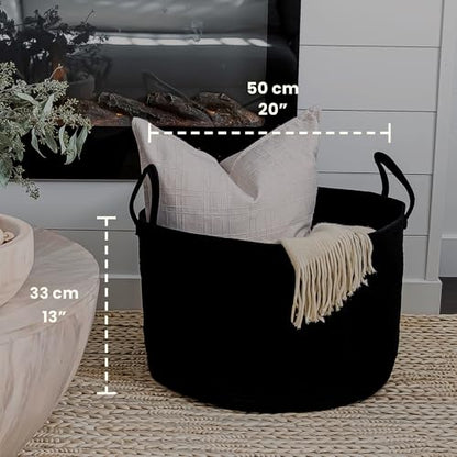 OrganiHaus Round Toy Basket & Blanket Basket, Cotton Rope 20x13" | Full Black - Round Cotton Rope Basket, 20x13" - color: Full Black, size: Wide
