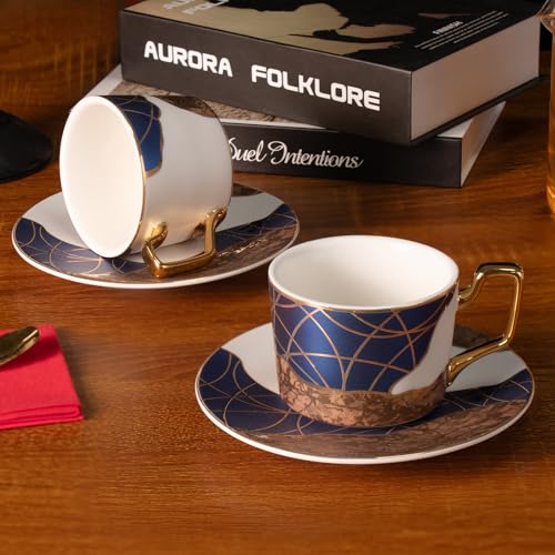KAMMAK Tea Cups and Saucers Set of 2, Porcelain Coffee Cups, NX028 | Gold Rim, Stackable Espresso Mugs, Ceramic Demitasse for Coffee, Latte, Americano, Afternoon Tea, Elegant Gift for Women - size: 8CZNX028