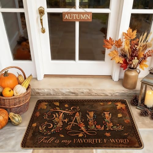 Leaves Welcome Door Mat, Seasonal Rustic Pumpkins Text Fall Brown Washable Low Profile Decorative Doormat for House Office Outside Inside Entrance Decor 29x17 Inch