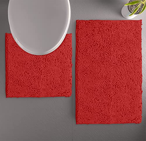 LuxUrux Red Christmas Bathroom Rugs Sets 2 Piece: Quick Dry, Soft Plush Anti-Slip, Super Absorbent. Includes Rectangular (31x20 inches) & U-Shaped Toilet Mat (20x20 inches) | Red - color: Red, size: 2 Piece Set