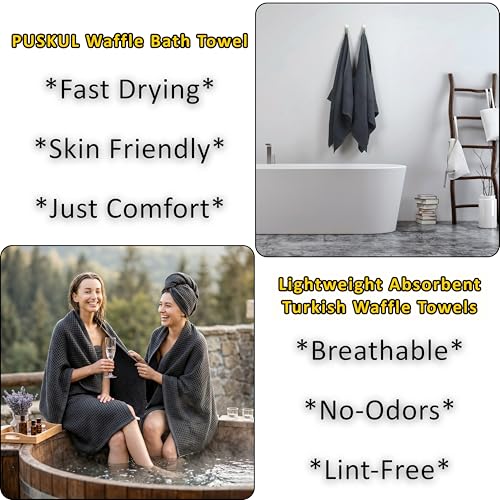 PÜSKÜL 2-Piece Natural 100% Turkish Cotton Waffle Bath Towels Extra-Large | Dark Gray, 32x63" Bath Sheet Towel, Light Soft Absorbent Quick-Dry Lint-Free Premium Honeycomb Weave Oeko-Tex Made in Turkiye - color: Dark Gray