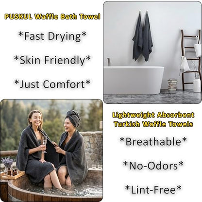PÜSKÜL 2-Piece Natural 100% Turkish Cotton Waffle Bath Towels Extra-Large | Dark Gray, 32x63" Bath Sheet Towel, Light Soft Absorbent Quick-Dry Lint-Free Premium Honeycomb Weave Oeko-Tex Made in Turkiye - color: Dark Gray