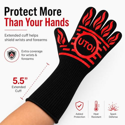 BBQ Grill Gloves, 1472°F Heat Resistant, Long Cuff, XL Non-Slip | Designed for campfire cooking, fire pits, smokers and grilling with silicone grip, EN407 certified protection. - color: Red and Black Bbq Gloves