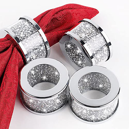 SHYFOY Silver Crushed Diamond Napkin Rings Set of 4,Bling Glass Table Decor | Stainless Steel Glass Frame Napkin Rings, Luxury Style for Wedding Receptions, Holiday and Banquet Table Arrangement - size: 4 Pieces