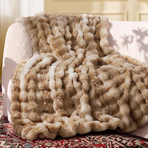 Ultra Soft Cozy Faux Fur Throw Blanket, Fuzzy Plush Thick Bubble Blanket, Oversize Luxury Fluffy Blanket for Couch, Sofa, Bedroom, and Living Room,50x60 Inches,Tie-Dye Camel - color: Tie-dye Camel, size: Throw