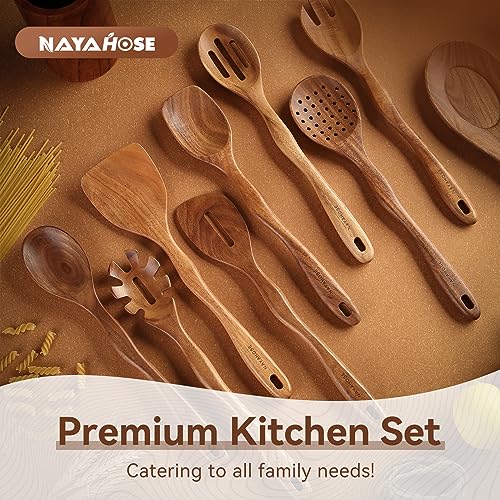 Kitchen 10PCS Teak Wooden Utensils Set With Holder and Spoon Rest | Non-stick, Easy to Clean, Durable, Smooth with Comfort Grip Wooden Spoons for Cooking - Non Toxic Wooden Cooking Utensil - style: 10 Pcs Spoons with Utensils Holder