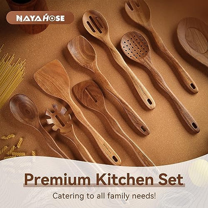 Kitchen 10PCS Teak Wooden Utensils Set With Holder and Spoon Rest | Non-stick, Easy to Clean, Durable, Smooth with Comfort Grip Wooden Spoons for Cooking - Non Toxic Wooden Cooking Utensil - style: 10 Pcs Spoons with Utensils Holder