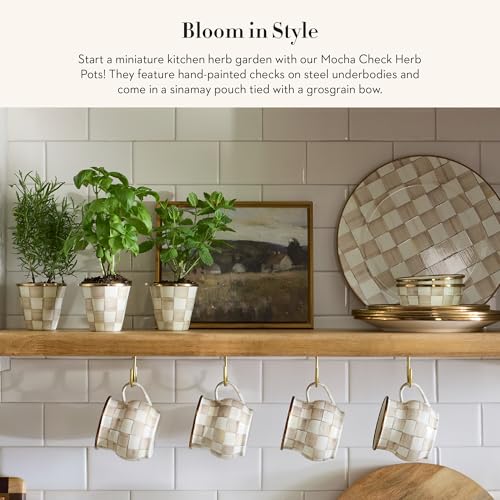 MACKENZIE-CHILDS Enamel Herb Pot Set, Small, Brown-and-White Mocha Check | Hand-painted design, small plant pots for herbs or flowers, 3.5" dia. x 3.25" H, 8-ounce capacity per pot, set of 3 - color: Mocha Check