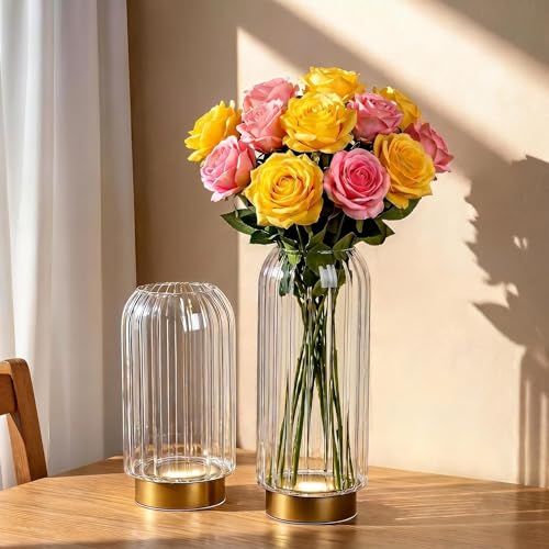 MJ PREMIER Set of 2 Hand Blown Striped Glass LED Light Up Vases with Timer, Battery Operated Decor Flower Vase for Wedding Centerpiece Housewarming Gift Clear - color: Clear