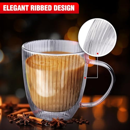 Jayour Fluted Double-Wall Glass Coffee Mugs | 15oz Latte & Cappuccino Mugs | Modern Ribbed Design - Set of 4