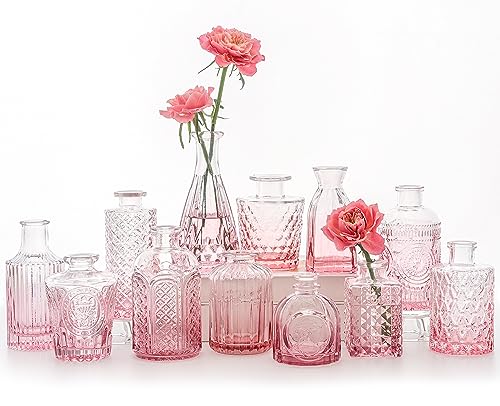 SUPMIND Glass Bud Vases Set, 12pcs Pink Small Flower Vases in Bulk | Mini Vintage Vase for Table Centerpieces, Wedding, Home Decor, Table Decoration, Baby Shower, Party Decor - color: Pink, size: 12Pcs