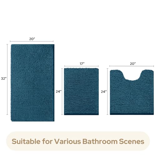 HOMEIDEAS 3 Pieces Bathroom Rugs, Extra Large Ultra Soft Non Slip Absorbent Chenille Toilet Bath Mat Set (Atlantic Blue) - color: Blue-atlantic Blue, size: 17"x24"+20"x32"+U Shape 20"x24"