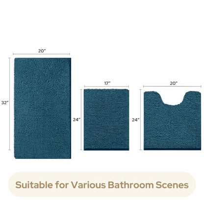 HOMEIDEAS 3 Pieces Bathroom Rugs, Extra Large Ultra Soft Non Slip Absorbent Chenille Toilet Bath Mat Set (Atlantic Blue) - color: Blue-atlantic Blue, size: 17"x24"+20"x32"+U Shape 20"x24"
