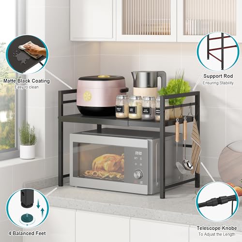 DOLALIKE Microwave Oven Rack, Expandable Microwave Stand Countertop Kitchen Utensils Tableware Storage, Carbon Steel Over Microwave Shelf Countertop with 3 Hooks (Pack of 2) - color: Black, size: 2 Tier (Without Spice Rack) (Pack of 2)
