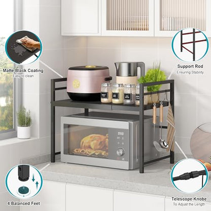 DOLALIKE Microwave Oven Rack, Expandable Microwave Stand Countertop Kitchen Utensils Tableware Storage, Carbon Steel Over Microwave Shelf Countertop with 3 Hooks (Pack of 2) - color: Black, size: 2 Tier (Without Spice Rack) (Pack of 2)