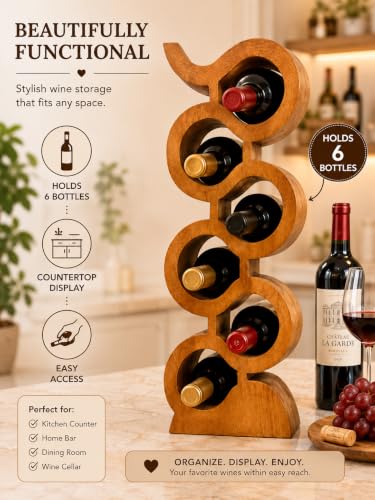 Handmade Solid Acacia Wood Wine Bottle Holder, 6-Bottle Large Chain Wine Rack, Rustic Countertop Wine Storage, Decorative Home Bar Display - size: 6-Bottle