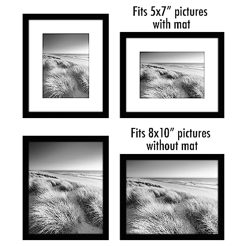 Americanflat 8x10 Picture Frame 2-Pack - Matted to 5x7 - Black | Slim Molding construction, Polished plexiglass front, wall or tabletop display with included easel, sawtooth hangers included - color: Black, size: 8X10