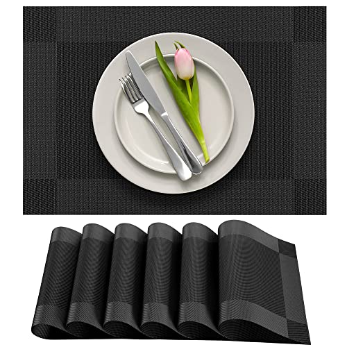 More Décor Dining Table Placemats, Washable Heat-Resistant PVC Vinyl Table Mats for Dining Room and Kitchen, Anti-Slip - Set of 6 -Black - color: Black
