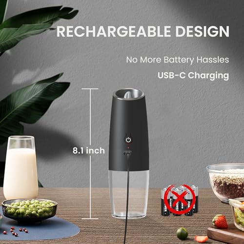 Rechargeable Gravity Salt Pepper Grinder Set, 1 Pack (Black) | Gravity Rechargeable Grinder With Led Light & Adjustable Coarseness, No Extra Batteries Needed For Kitchen Seasoning - color: Rechargeable/1pc/Black