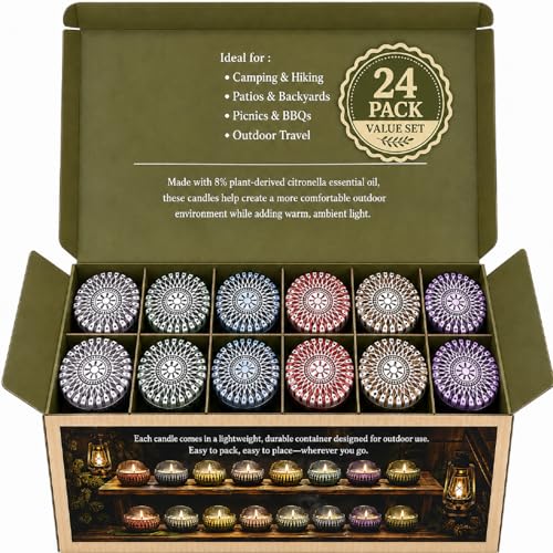 24 Pack Citronella Candles Outdoor, 2.5 oz Soy Wax Tin Candles with 8% Citronella Oil, Up to 600 Hours Total Burn Time, Portable Patio Candle Set for Backyard, Camping, BBQ & Summer Use - size: Citronella 24-Candle Set