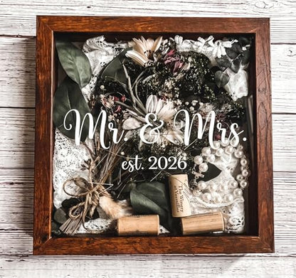 9x9 Wooden Wedding Shadow Box Frame - Mr and Mrs Est 2026 Memory Box Display Case with Clear Acrylic Window for Keepsakes, Dried Flowers, Photos - Bridal Shower, Engagement Gifts for Couples