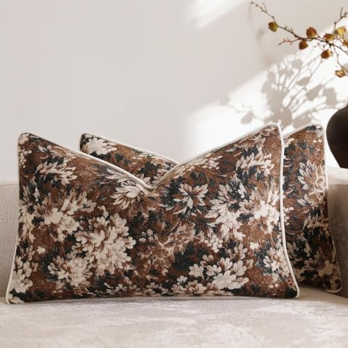 Pack of 2 Vintage Floral Pillow Covers 12x20 Boho Farmhouse Accents Chenille Rectangular Lumbar Decorative Throw Pillow Cases for Living Room Couch Bed Home Decor, Dark Brown - color: Dark Brown, size: 20" x 12" (Pack of 2)