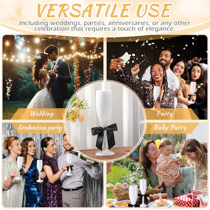Zopeal Plastic Reusable Champagne Flute Glasses 6 oz and 50 Pcs Bow Set Acrylic Wedding Toasting Goblet 3.5" Bow Unbreakable Wine Cup for Bachelorette Bridal Shower Party(White and Black) - color: White/Black