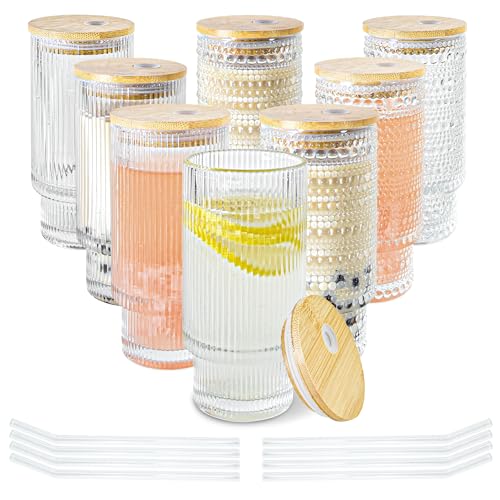 Glass Cups with Lids and Straws 16 oz Drinking Glasses Set of 8 | Ribbed Hobnail Glassware with Bamboo Lid, Iced Coffee Glass Tumbler with Straw and Lid for Hot Cold Drinks Home Kitchen - color: 16oz Mixed*8, size: 16oz
