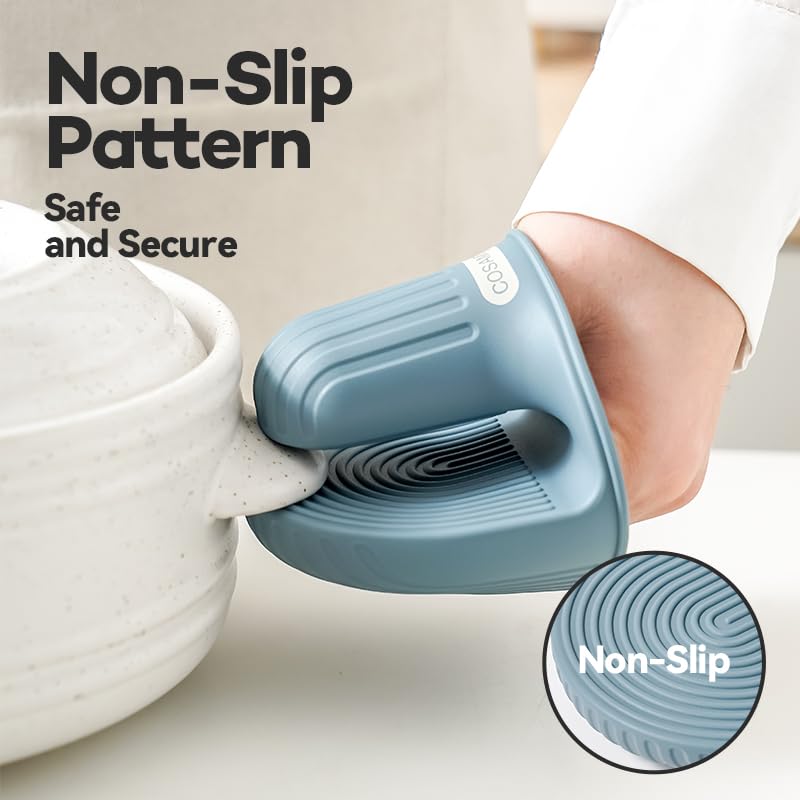 Silicone Oven Mitts Heat Resistant Mini Oven Gloves and Pot Holders Set for Kitchen Non Slip Waterproof Pinch Grips for Cooking and Baking Set of 2 - color: Lake Blue