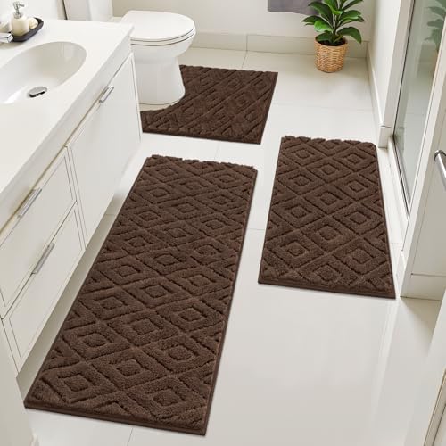 Bsmathom 3 Piece Bathroom Rug Sets, Non Slip Microfiber Bath Mat, Coffee | Plush Water Absorbent Bath Rug Sets with U-Shaped Contour Toilet Mat, Machine Washable Carpet for Bathroom Sink, Shower - color: Coffee