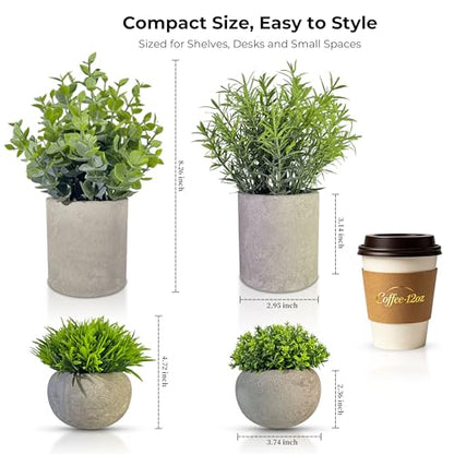 Small Artificial Plants in Pots, Faux Plants Indoor Small with Cement Pots for Desk, Shelf & Office Decor, Fake Plants Indoor Decorative Set of 4