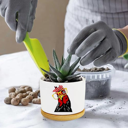 1Pcs Rooster Succulent Pots with Drainage and Bamboo Tray, Ceramic Pot | 3 Inch Small Planters for Plants,Cactus,Decoration for Office Home,Garden,Windowsill,Gifts for Women Mom (No Plants Included) - style: Rooster