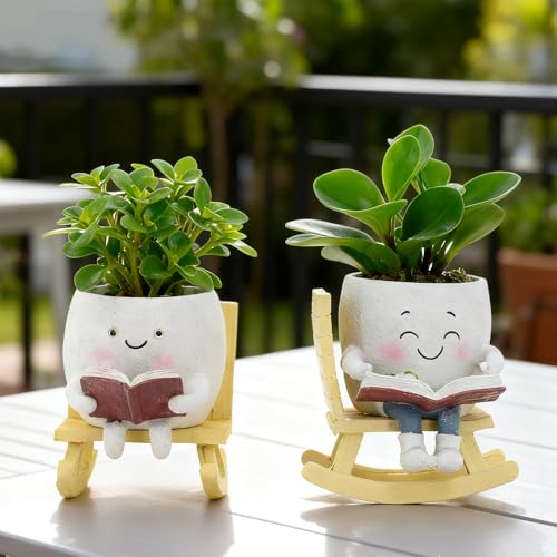Smiley Face Planter Pot, Cute Resin Head Planter with Drainage Hole, Unique Rocking Chair Succulent Pot for Indoor Outdoor Plants, Funny Plant Lovers Gift for Mother's Day and Christmas (Side-Sitting) - size: 5.91x5.71x5.71"