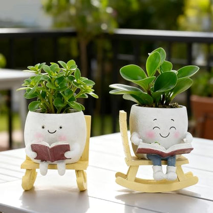 Smiley Face Planter Pot, Cute Resin Head Planter with Drainage Hole, Unique Rocking Chair Succulent Pot for Indoor Outdoor Plants, Funny Plant Lovers Gift for Mother's Day and Christmas (Side-Sitting) - size: 5.91x5.71x5.71"