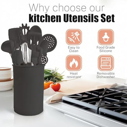 Silicone Kitchen Cooking Utensils Set with Stainless Steel Handle, Spatula Set Utensil Set, Cooking Utensil Set,Kitchen Tools Gadgets for Nonstick Cookware (35, Black) - color: Black